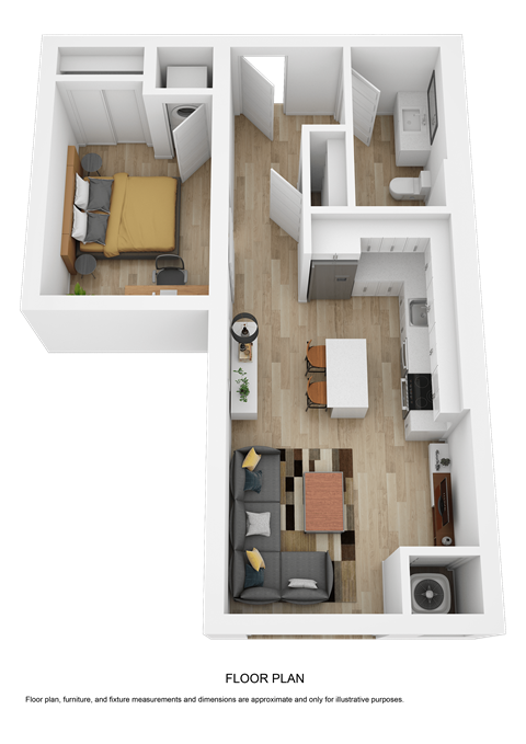 A floor plan of a small apartment with a living room, kitchen, and bedroom.